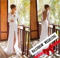 Wedding dress 2014 vestido de noiva V-Neck Long Sleeves White Lace Slit Floor length Backless wedding Dresses JV7051