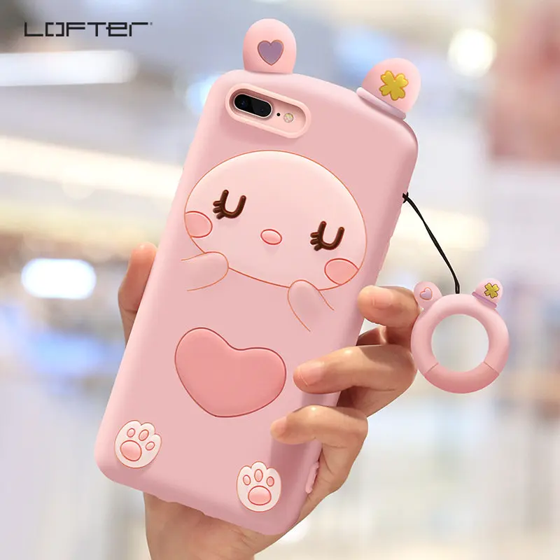 

Lofter Lovely Cute Rabbit Rubber Soft Phone Case For iPhone 7 8 Plus Silicone Girls Back Cover Ring holder Cord Shockproof