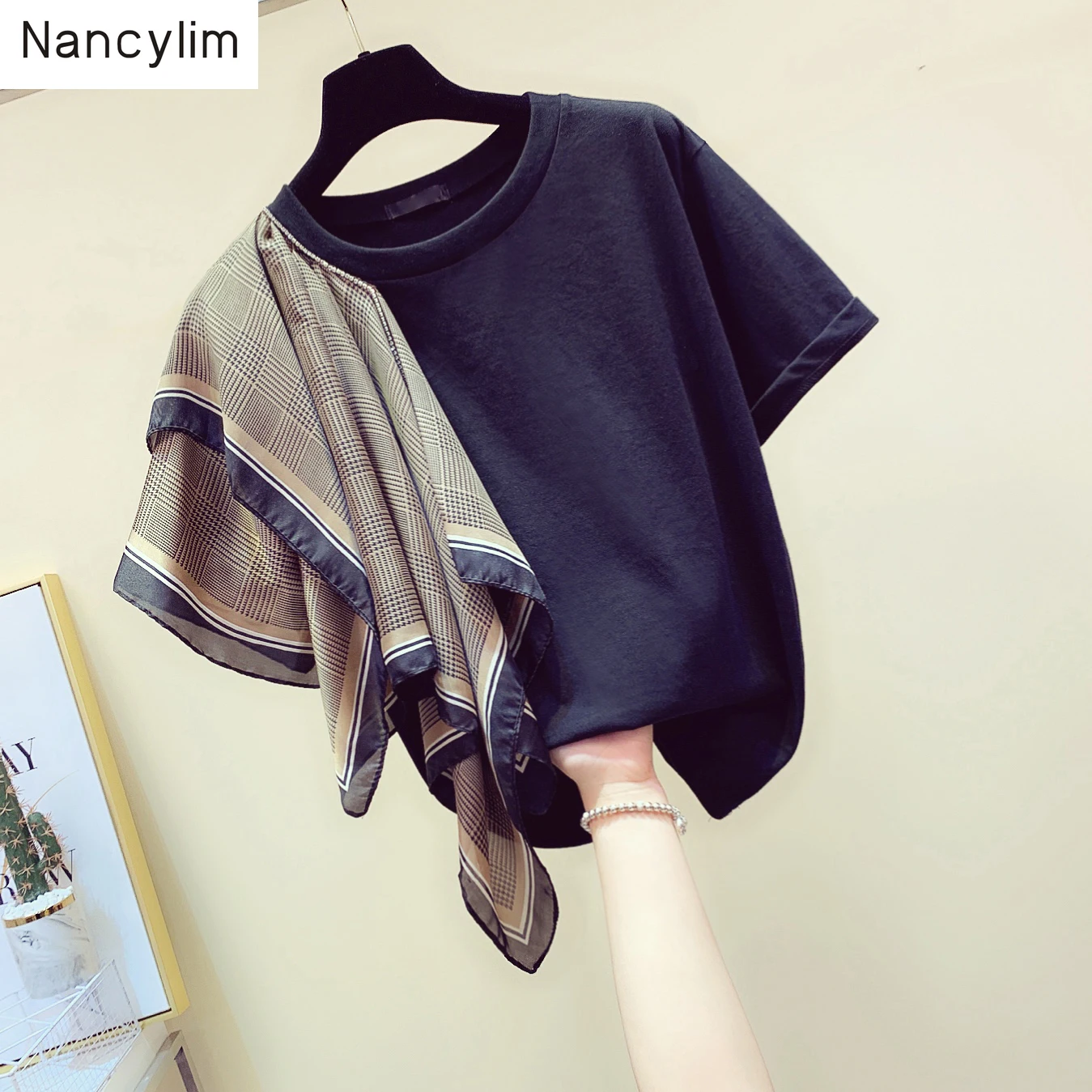 

2019 Summer New Fashion T-shirt with Round Collar Irregular Shawl Short Sleeves T Shirts Tees Girls Lady's Tops Nancylim Tees