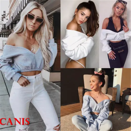 

2018 New Fashion Hot Sexy Charming Women Deep V-Neck Slim Crop Tops Long Sleeve T shirt Clubwear