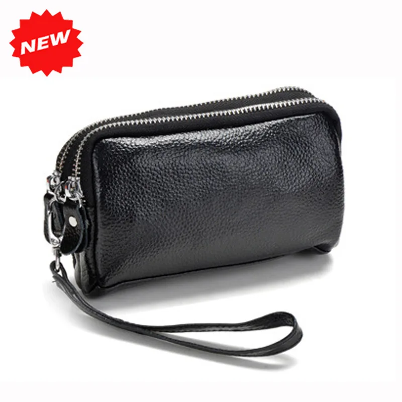 Genuine Leather Women Coin Purse Double Zipper Mobile Bag Lady Clutch Wristlet Bags, easy for carry clutches, Wholesale