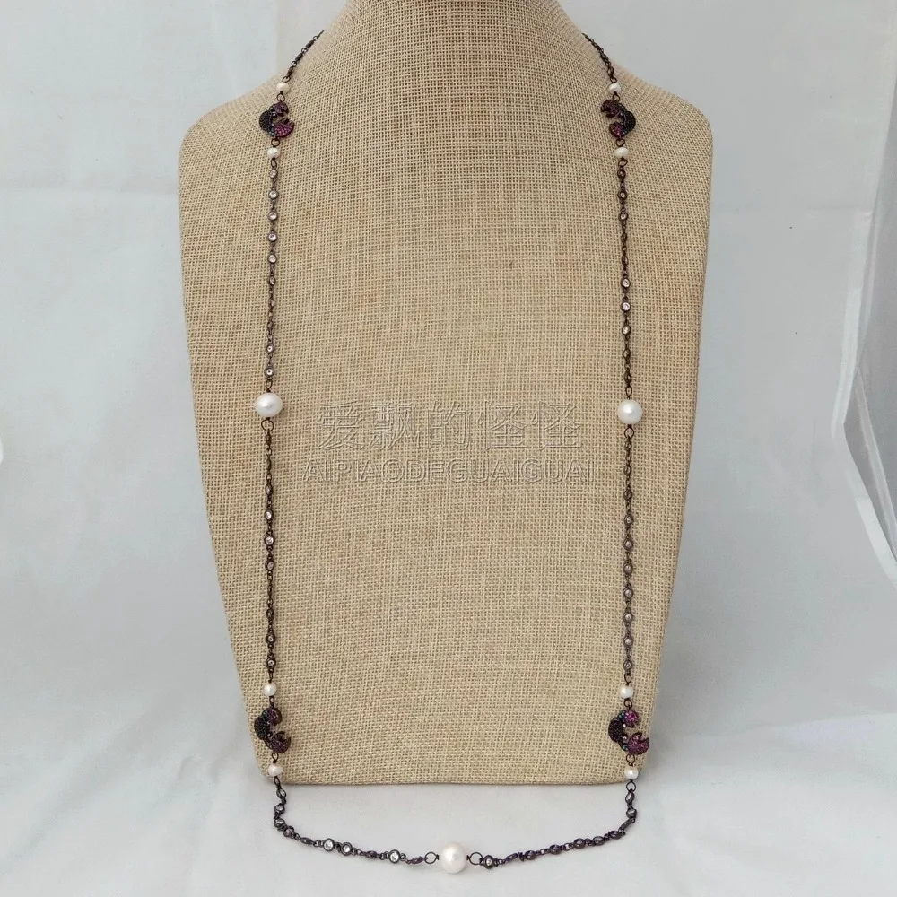 

N090216 29" White Pearl Crystal Chain Necklace CZ Pave crab Connector
