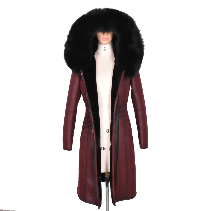 Fashion Casual Warm slim thick hooded female plus size 7xl oversize suede Lady Fur Coat  Winter Real Fox Fur leather Long jacket