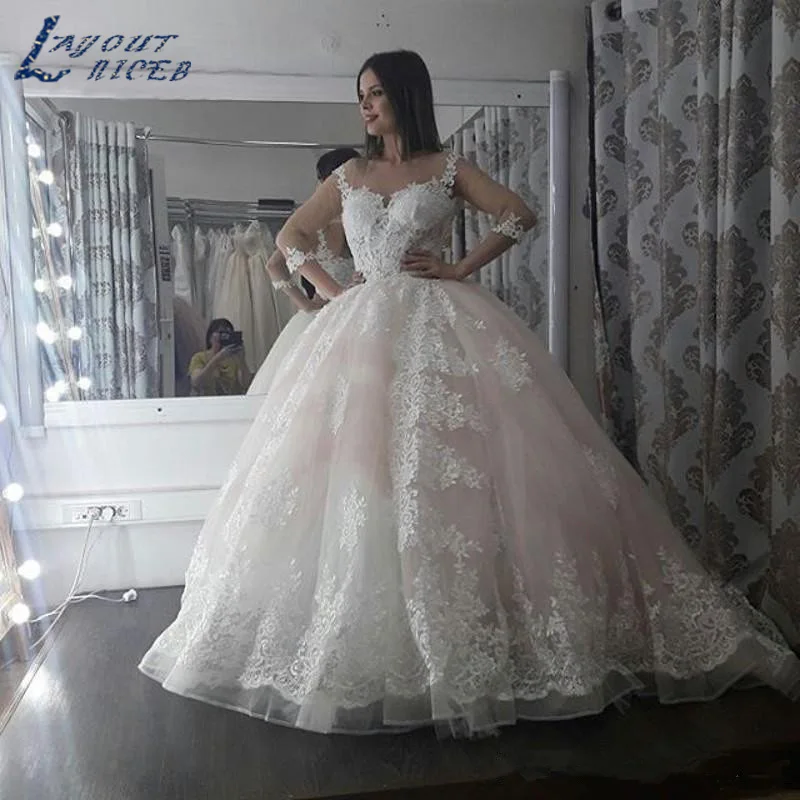 

YQS020 2019 Lace Applique Ball Gown Wedding Dresses with 3/4 sleeves Sweep Train Custom Made Plus Size Wedding gown Bridal Gowns