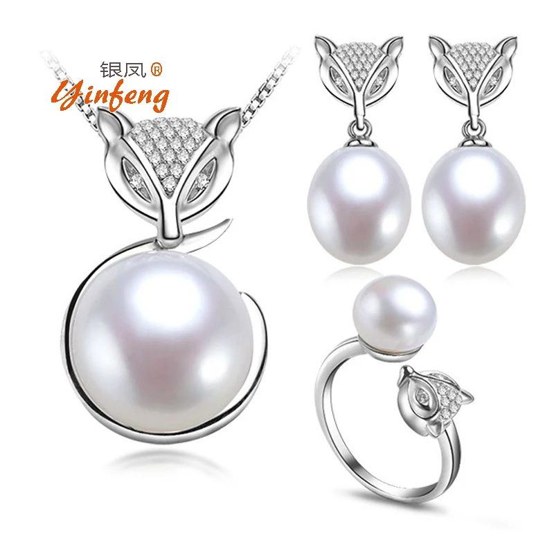 

Real FOX fresh water pearl jewellery sets for women, pearl in pendant earring ring jewelry set natural white