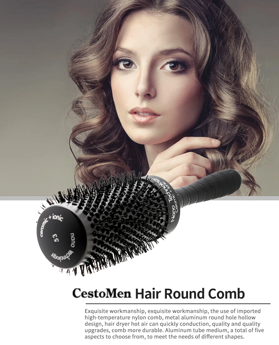 CestoMen термостойкая нейлоновая зубчатая керамическая алюминиевая термощетка для волос, круглая расческа, нано-ионный гребень, 5 размеров