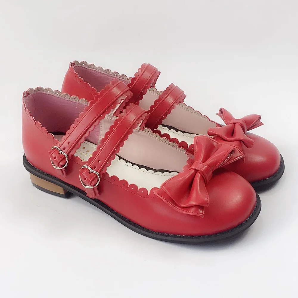 

Japanese Harajuku Low Chunky Heels Sweet Red Beads Bows Lolita Shoes Flats Princess Girl Shoes Tea Party Heels