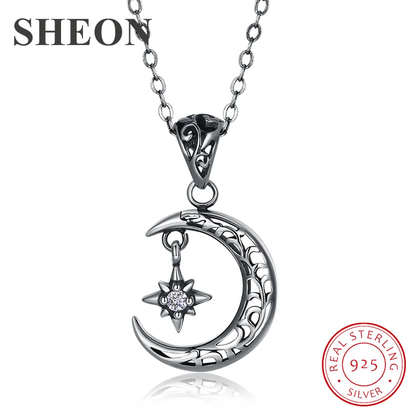 

SHEON Authentic 925 sterling silver Vintage Moon And Star Pendant Necklaces Fashion Women Silver Jewelry Anniversary Gift