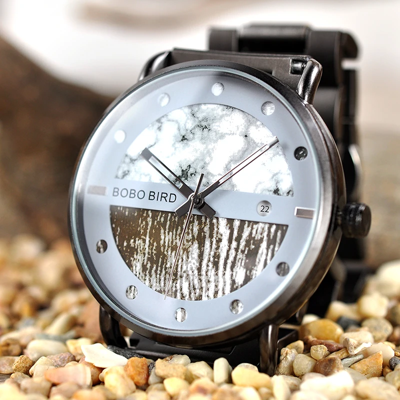 BOBO BIRD Men Luxury Wood Watch Timepiece Date Show Stainless Steel & Wood Band In Gift Box relogio masculino L-R30/S01