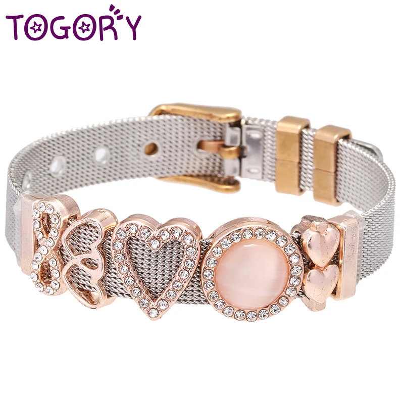 

TOGORY KEEPER Two-Tone Stainless Steel Mesh Bracelets with Infinite Heart To Heart Slide Charms Fine Bracelets As Women Gift