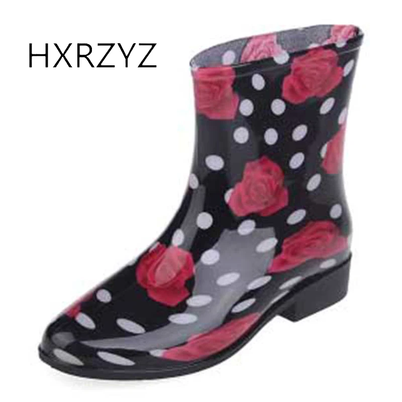 HXRZYZ Women rain boots female plus cotton rubber ankle boots spring/autumn fashion PVC printing