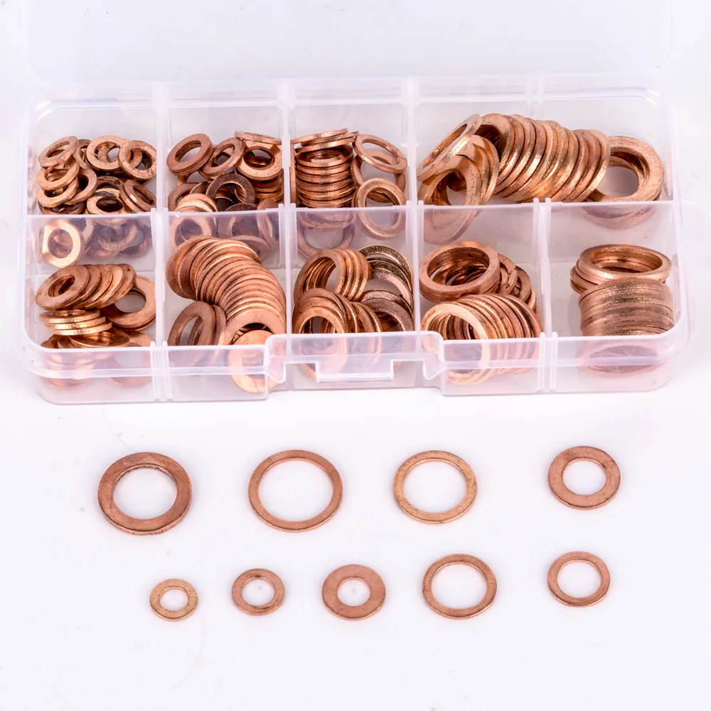

200pcs Copper Washer Gasket Set Flat Ring Seal Assortment Kit with Box M5-M14 For Hardware Accessories
