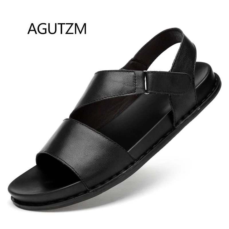 

AGUTZM 8203 New Black Fashion Ankle-Wrap Hook & Loop 100% Genuine Leather Rubber Sole Men's Sandals Shoes Plus Size : 37 - 45