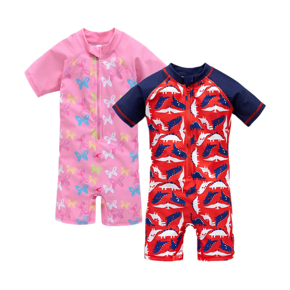 

2021 Kavkas New Kids Boy Swimming Suit Fashion One Piece Dinosaur Print Baby Boys Swimwear Beach Suit Short Sleeve Child Bathing