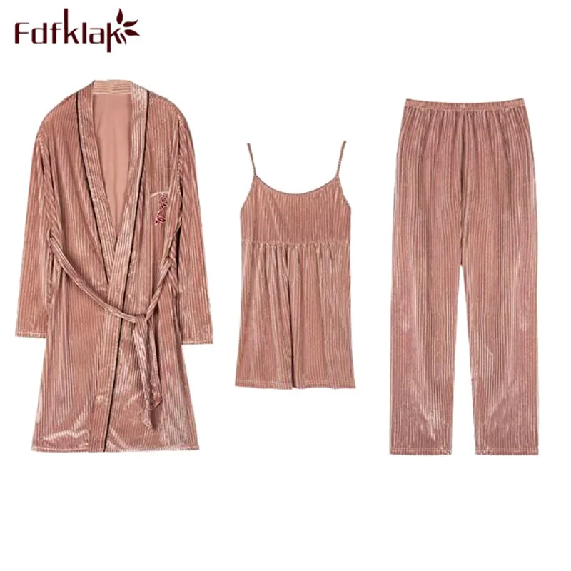 Fdfklak 3 шт. пижамы для женщин комплект пижамы с длинным рукавом модная пижама Сексуальная Дамская Домашняя одежда золотой бархат Домашняя одежда Пижама