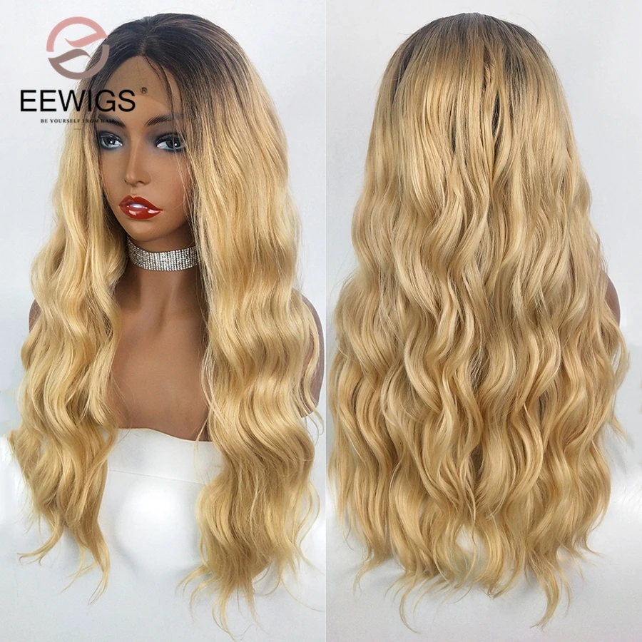 EEWIGS Heat Resistant Long Body Wave Wigs With Short Brown Roots Middle Part Honey Blonde Ombre Synthetic Lace Front Wig Women | Шиньоны и