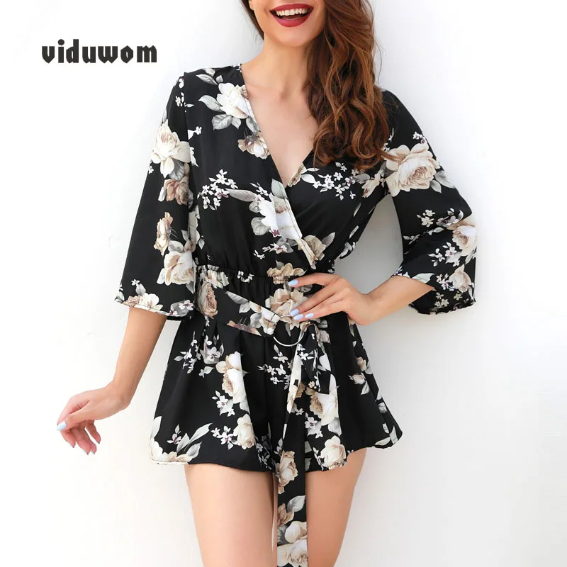 

Belt Overall Floral Print Sexy Rompers Women V-neck Jumpsuit Casual Beach Summer Playsuit Leisure Elegant Lady Short Jumpsuit