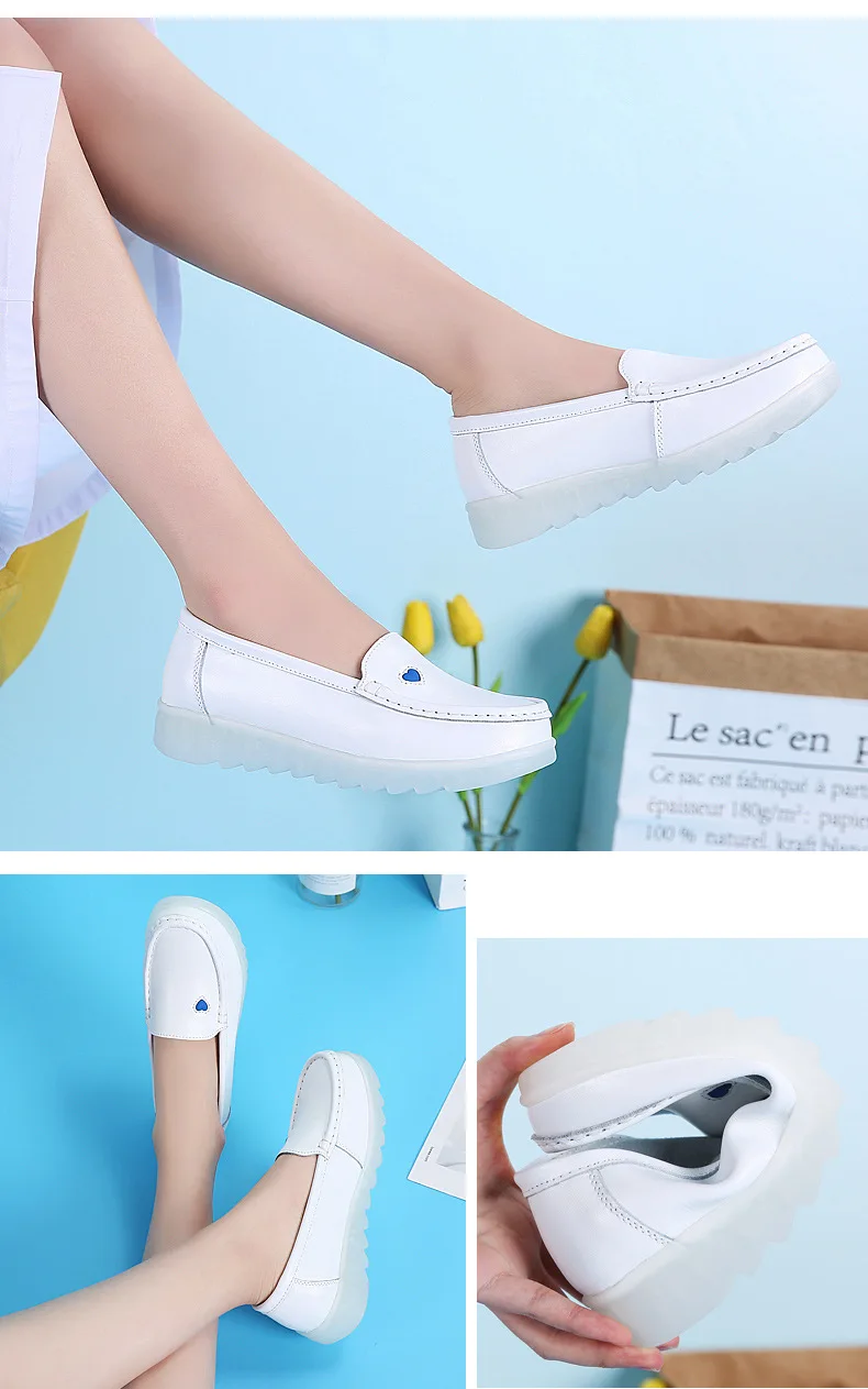 Nurse shoes white female flat bottom pregnant women casual waterproof non-slip peas shoes Genuine Leather work shoes sy94