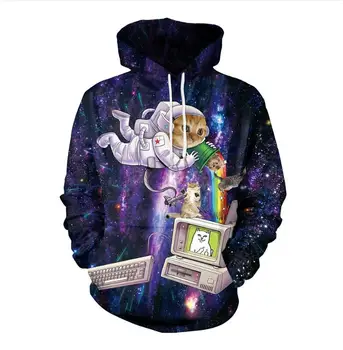 

Space cat digital print long sleeve hooded sweatshirt