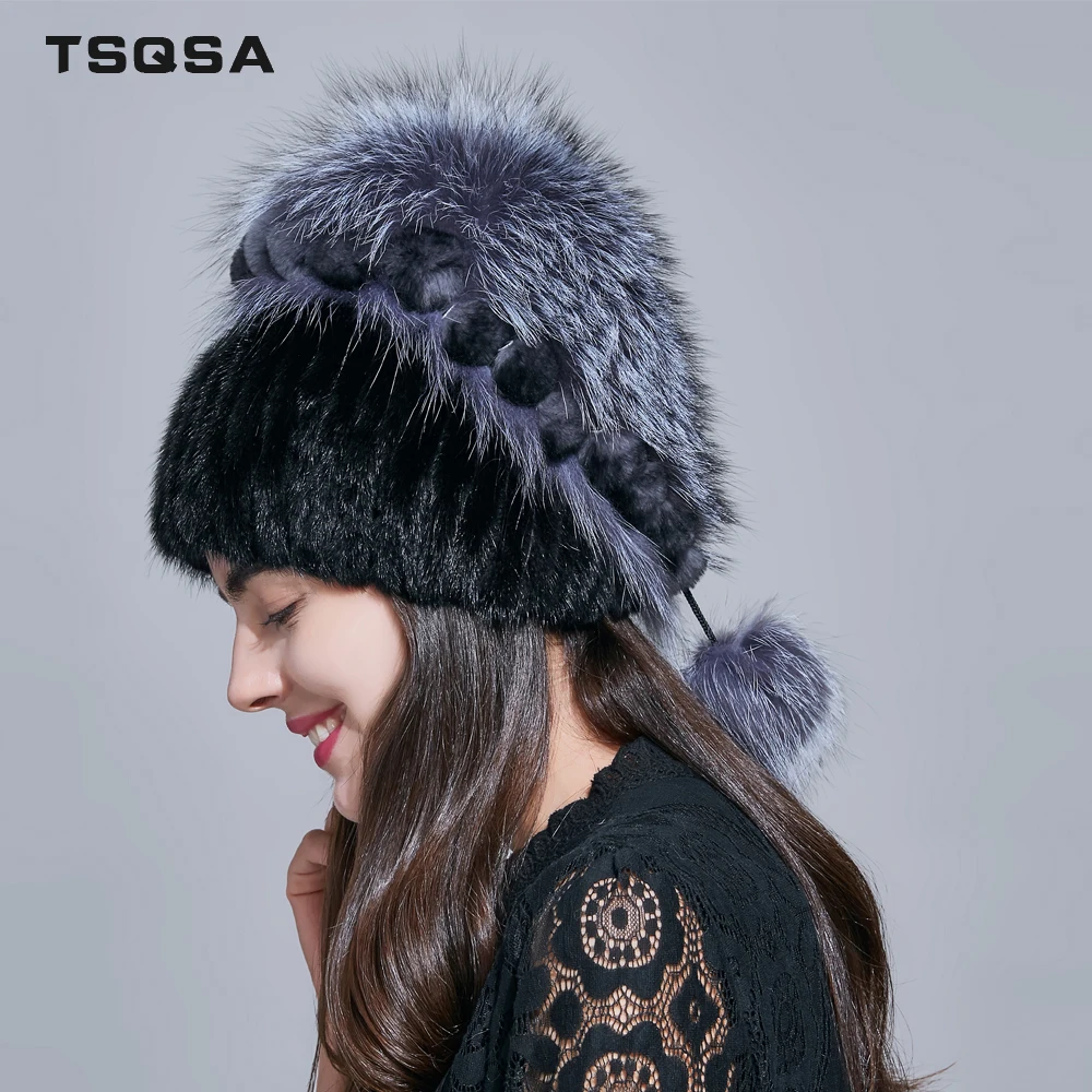 TSQSA gorro de piel de zorro Real cálido de invierno gorros de piel de visón Natural para mujer TAH1806 - 3