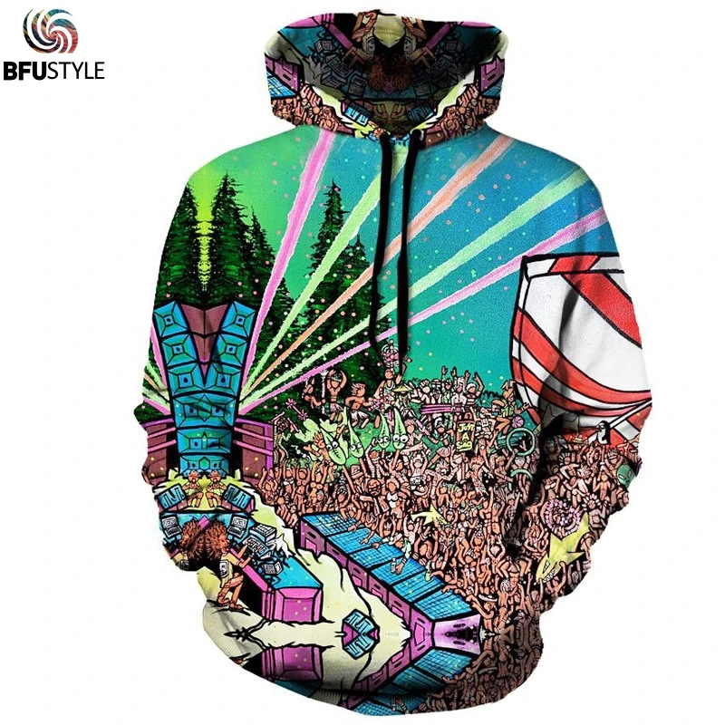 Character Print Funny Hoodies Men New Fashion O neck Long Sleeve