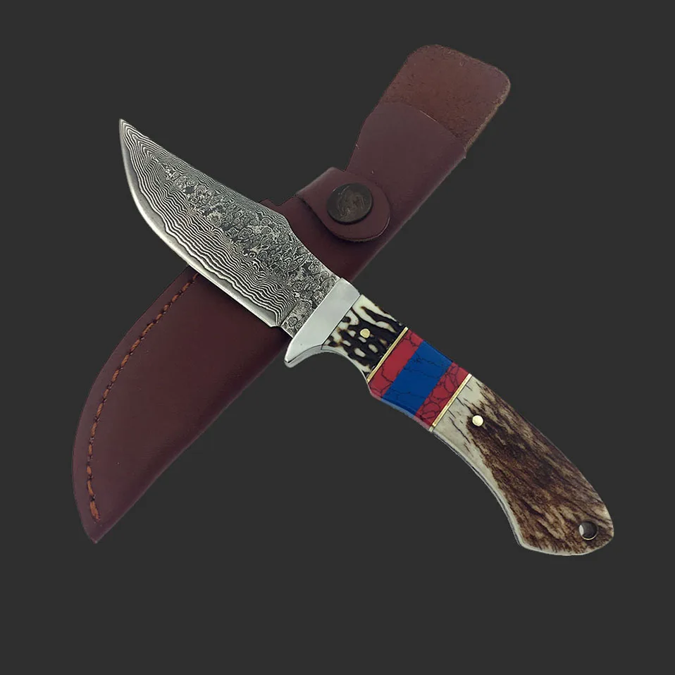 Дешевый Дамаск фиксированным лезвием охотничий нож рог оленя двойной цвет ручки прочные прямой нож с оболочкой
