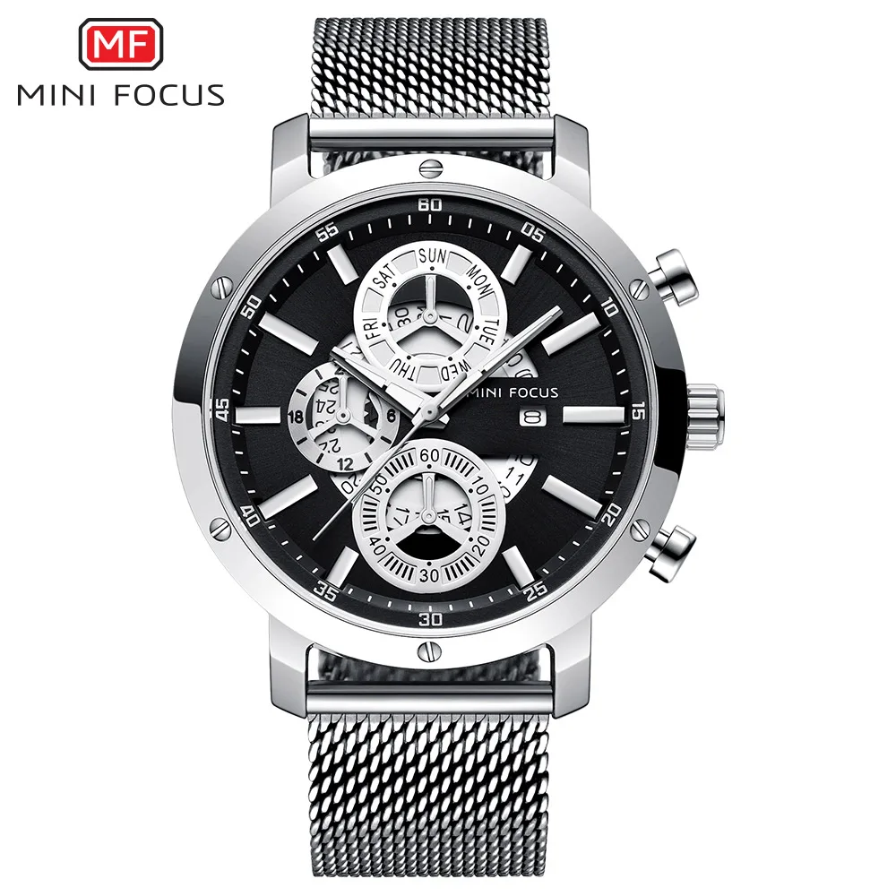 MINIFOCUS повседневные мужские спортивные часы лучший бренд Роскошные Кварцевые часы мужские сетчатый ремешок водонепроницаемые хронограф ультра тонкие наручные часы - Цвет: SILVER