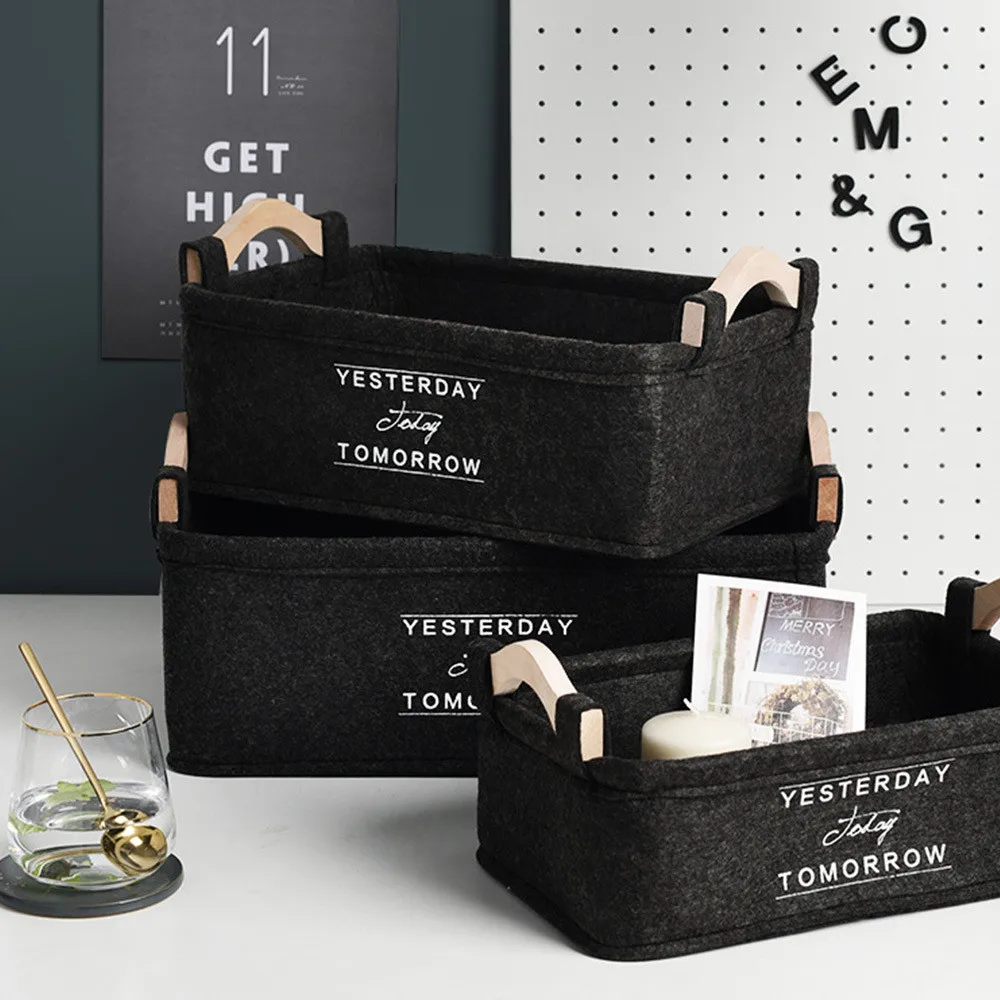 

Nordic Black Felt Cloth Desktop Storage Basket with Handles Simple Home Sundries Organizer Frame Ins Seasoning Finishing Basket