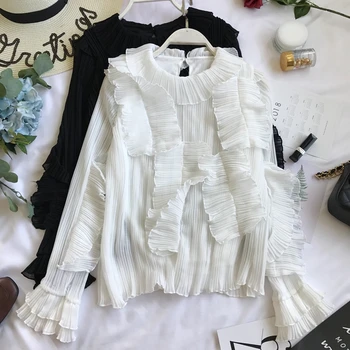 

2019 autumn new loose round neck stitching ruffled chiffon shirt female wild shirt tide shirt pleated dress