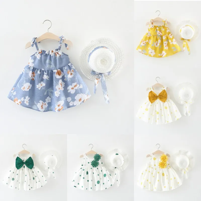 

Girl Dress Baby Summer Cotton Suspenders Clothes Children Fashion Straw Hat Bow Flower Princess Dress Kids Dresses for Girls
