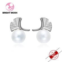 Bright Moon Anti Allergy Beauty Leaves 925 Sterling Silver Earrings Freshwater Pearl Earrings for women Wedding jewelry whit Bag