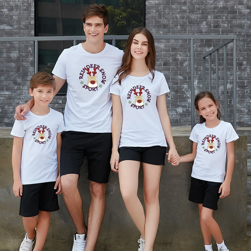 

Family Matching Outfits Cotton T-shirt New 2019 Christmas Mother Father Baby Short Sleeve Milu Deer Matching Family Clothes