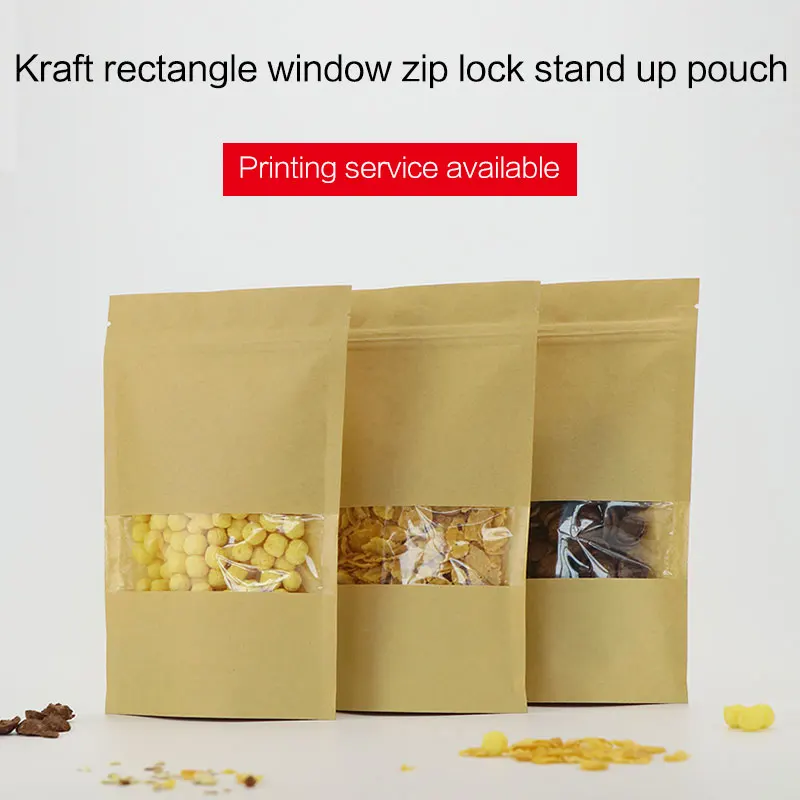 

stand up pouches with zipper brown kraft paper zip lock bag with rectangle window coffee tea snack food packaging bags
