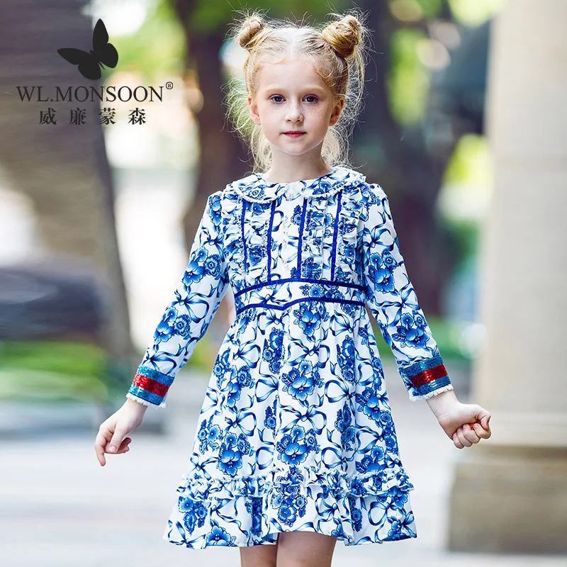 

WL.MONSOON Girl dress Fall New Nationality Blue and White Porcelain Printed Dress Doll Collar Long Sleeve Girl Dress