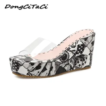 

DongCiTaCi 2019 Women Peep Toe Clear Wedge Platforms Sandals Shoes Woman Casual Print Thick Bottom High Heels Sandals Slippers