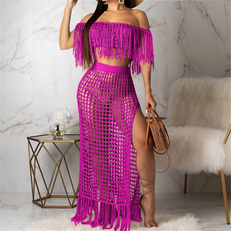 

2019 New Fish net tassel beach cover ups sets women off shoulder Tops +long skirts bikini swimwear swimsuits Cover up beachwear