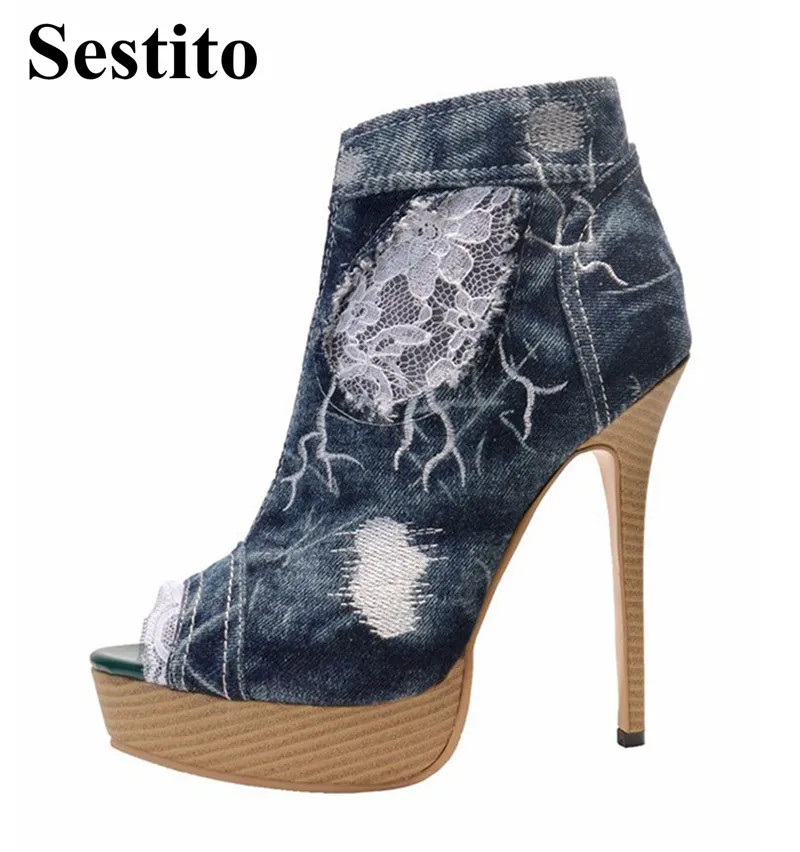 

Fashion Denim Lace Bordered Peep Toe Super High Ankle Boots Women Spring/ Autumn Platform Thin Heels Side Zipper Ladies Shoes