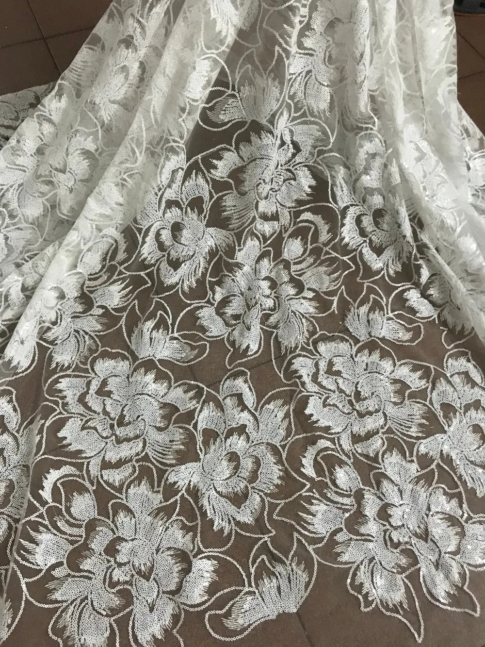 Unique flower french net lace fabric embroidery with sequins white African Lace Fabric for wedding dress | Дом и сад