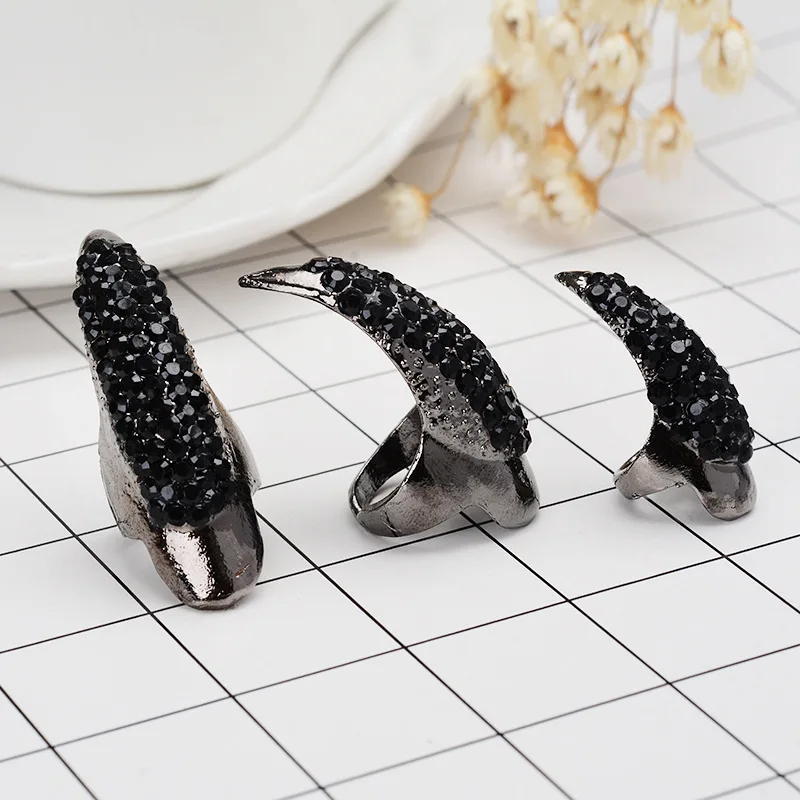 Punk Rock Full Rhinestone Crystal Long Large Cat Claw Nail Ring Sharp Paw Talon Finger Rings 3 Sizes Black Gold Colors 2R135