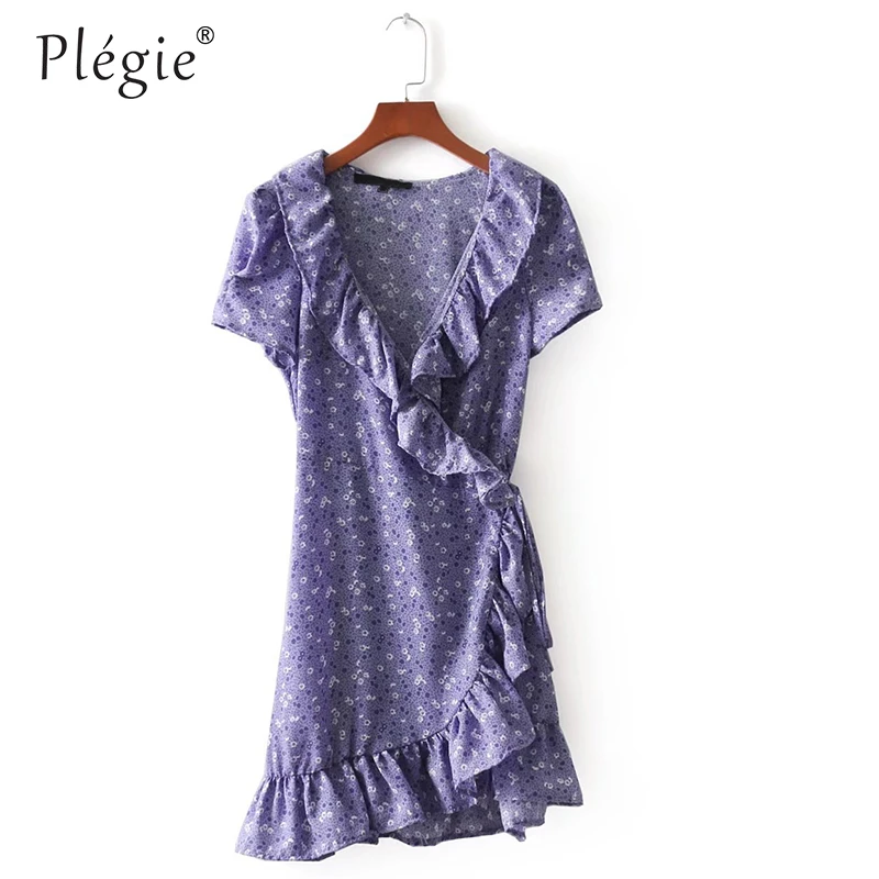 Летние платья Plegie 2018 женское платье Лаванда печать с оборками платье с коротким рукавом сексуальное платье с v-образным вырезом и завязкой н... Летние платья Plegie 2018 женское платье Лаванда печать с оборками платье с коротким рукавом сексуальное платье с v-образным вырезом и завязкой н...