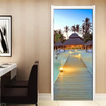 

Beautiful Seascape 3D Photo Wallpaper Door Sticker Waterproof Vinyl Wall Paper Living Room Bedroom Door Mural Papel De Parede 3D