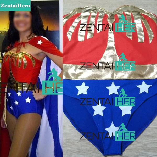 

Free Shipping Custom Made Wonder Woman Costumes With Cape For Halloween Girl Zentai Catsuit Cosplay Superhero Costume 18012607