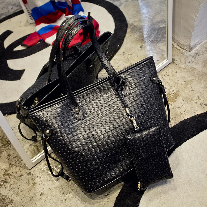 

Women Tote Bag Luxury Leather Knitting Solid Handbag Lady Shoulder Elegant Handbags Shopper Bag Large Capacity Zipper Black 2019