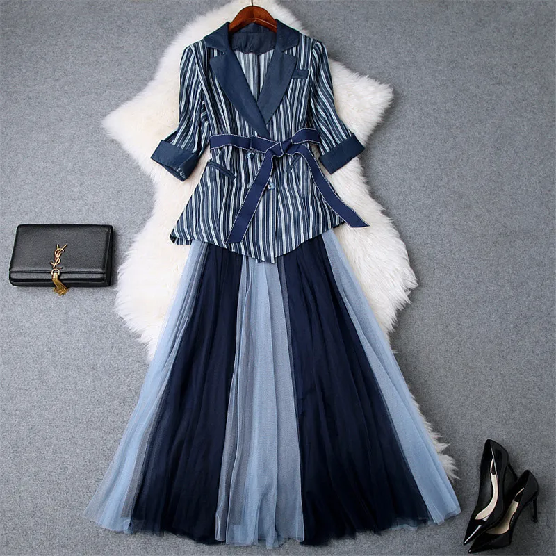 

Brand New Designer 2019 Spring Fashion Two Piece Suit Set Women's Notched Collar Striped Lace Up Blazer+Midi Tulle Skirt Sets