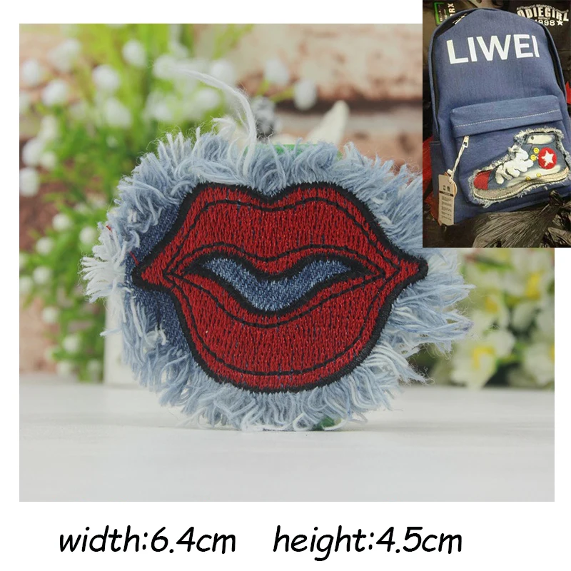 Cool Red Lips Danim Jeans Cloth Patches Sew Fabric Sticker For Clothes