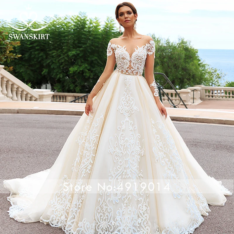 Swanskirt Гламурные Аппликации с длинным рукавом свадебные платья элегантное бальное платье принцессы свадебное платье Vestido De Noiva F171