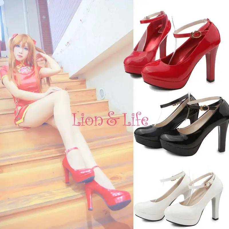 

Women Lady Lolita High Thin Heel Cosplay Patent Leather Platform Strap Shoes