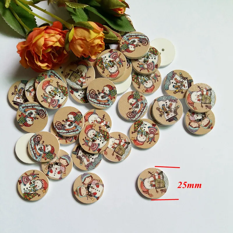 50pcs/lot Painting Christmas series buttons DIY sewing home textile Round 2 Holes wooden button 25 mm Mix Design 3