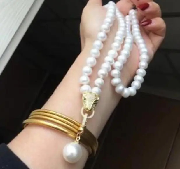 SALE white 6-7mm Round pearl 30*55mm China lock Pendant 17/" necklace-nec5889