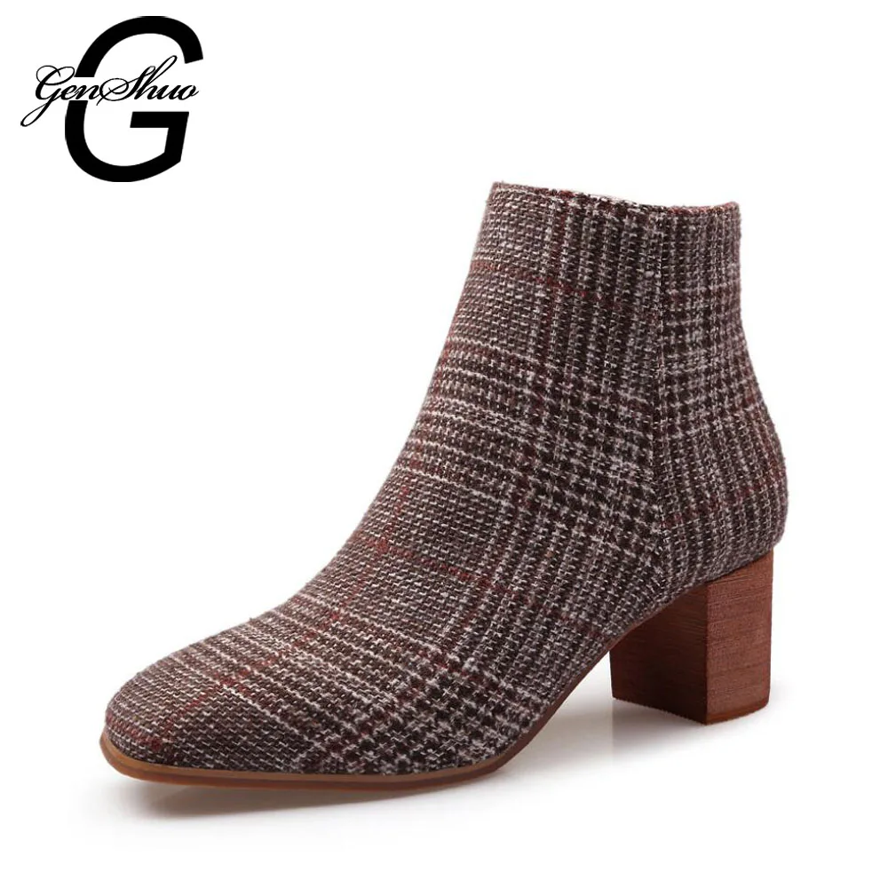 

GENSHUO New Retro Women's Boot Fleeces Winter Boots Gingham Ankle Boots Square Toe High Heels Woman Shoes Zipper Women's Boots